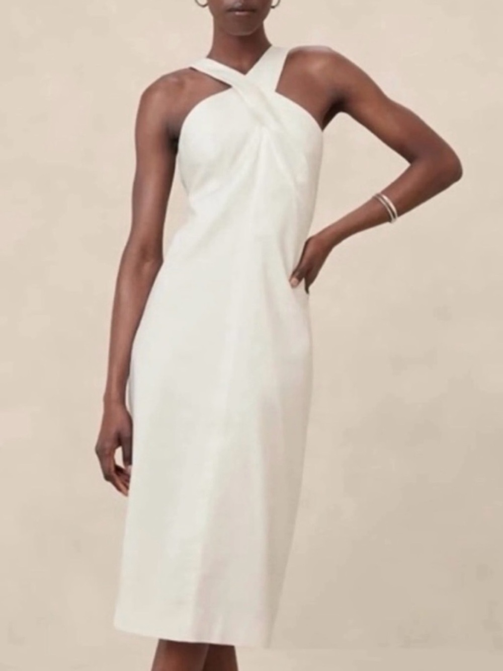 Banana Republic Cross Neck Linen Ivory Midi Dress
